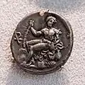 A coin depicting Pan bearing a lagobolon