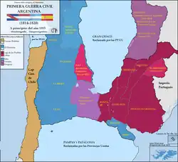 Political situation of the United Provinces during the First Argentine Civil War. In burgundy the Federal League, and in light blue the United Provinces. Cordoba was loyal both to the United Provinces and the Federal League. Salta was under an autonomous government and did not take part in the conflict.