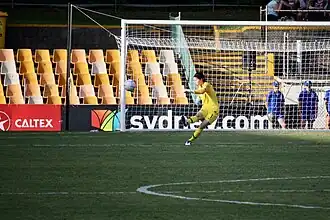 A female Korean football goalkeeper wearing a yellow kit takes a goal kick