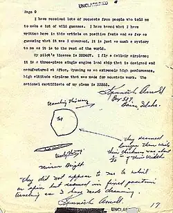 typed report with side and top view sketches plus handwritten annotations