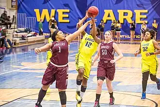 The Pioneers basketball team in action against the Texas A&M–Commerce Lions in 2015
