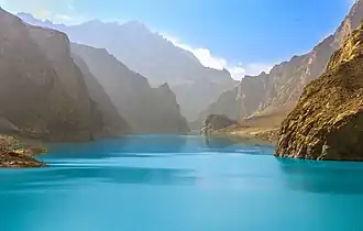 Attabad Lake in 2016. The lake formed after a landslide in January 2010 blocked the Hunza river