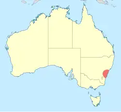 Map showing the distribution of Austrocordulia leonardi in the Sydney Basin region of New South Wales, Australia