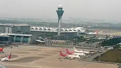 Guangzhou Baiyun International Airport control tower seeing from a takeoff