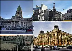 Clockwise from top: the Argentine National Congress Palace, Confitería del Molino, the Abasto Shopping and Palacio de Aguas Corrientes.