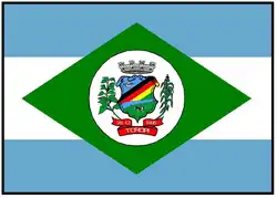 This is the flag of Toropi. This flag has a horizontal tricolor background of light blue, white, and light blue—three equal horizontal stripes. Centered on the flag is a large green diamond shape (similar to the Brazilian flag’s diamond). Inside the green diamond is a white circle that contains a detailed coat of arms. The coat of arms has a shield with multiple diagonal stripes of red, yellow, blue, and black across the top portion. The lower part of the shield shows green fields and what appears to be an animal (likely a bull or ox) in black. On either side of the shield are green plant stalks, possibly corn. Above the shield is a silver mural crown, indicating a municipality. Below the shield is a red scroll with the date 28.12.1985 and the word TOROPI.