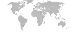 Map indicating locations of Bangladesh and Uruguay