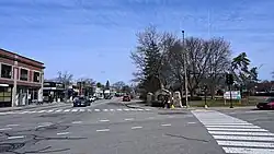 The intersection of Beacon and Centre Streets, with Newton Centre Green on the right