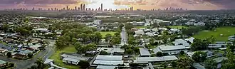 Benowa State High School (foreground) looking east towards Surfers Paradise, 2021