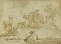 A Peasant Couple by a Tree with Cattle and Sheep, pen and brown ink, brown wash