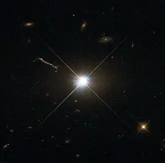 This image from Hubble’s Wide Field and Planetary Camera 2 (WFPC2) is likely the best of ancient and brilliant quasar 3C 273, which resides in a giant elliptical galaxy in the constellation of Virgo (The Virgin).