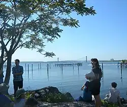 Gravesend Bay as viewed from the shoreline in Gravesend, Brooklyn. The Verrazzano–Narrows Bridge is viewable in the background.