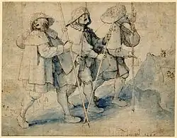 Drawing (blood and ink) by Pieter Bruegel the Elder (1566). At the top of the pilgrim's rod on the right is a gourd.