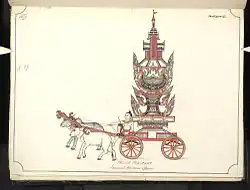 Image 2019th-century funeral cart and spire, which would form part of the procession from the home to the place of cremation (from Culture of Myanmar)