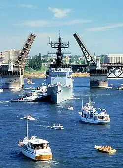USS Harry W. Hill enters port to participate in the Portland Rose Festival, 1 December 1982