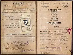 The details pages of a British passport giving basic information for a resident written in English, Hebrew, and Arabic. The document specifies its holder as Palestinian.