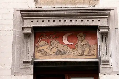 Art Nouveau putti in a sgraffito panel on the House of Jean Baes (Rue Van Moer no. 12), Brussels, Belgium, sgraffito by Henri Baes, 1889[17]