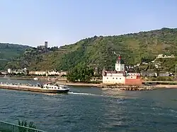 Burg Pfalzgrafenstein in the middle of the river, at Kaub, in the background Burg Gutenfels