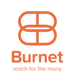 A stylized B-and-oval device in orange, beneath which sits the name "Burnet" in a rounded sans serif and, below in a thinner version of the same typeface at smaller size, the slogan "reach for the many" in lowercase