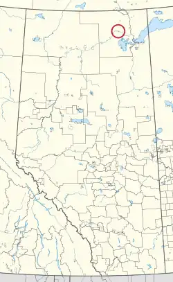 A map of the province of Alberta showing 80 counties and 145 small Indian reserves. One is highlighted with a red circle.