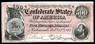 Portrait on the 1864 Confederate $500 banknote; Jackson was the only general featured on Confederate currency[107]