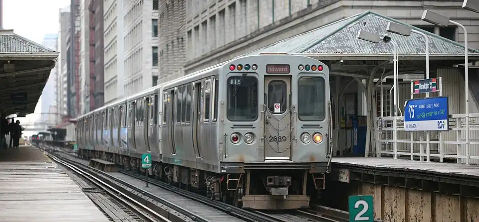 Image 13A Howard bound Red Line train temporarily rerouted to elevated tracks at Randolph station, Chicago. Photo credit: Daniel Schwen (from Portal:Illinois/Selected picture)