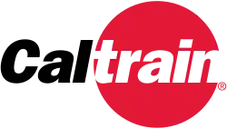 Cal in black letters, with train inscribed within a red circle, all letters italicized