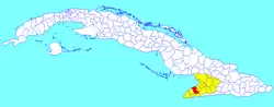 Campechuela municipality (red) within Granma Province (yellow) and Cuba