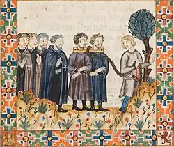 Miniature of the Cantiga #275 depicting two monks hospitaller with rabies being carried before St. Mary of Terena[151]