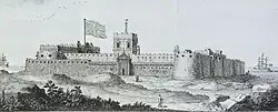 Drawing depicting a square fort on a headland, with a sailing ship in the far distance.