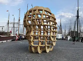 "Celestial", a 4 metres (13 ft) high, 1 ton plywood sculpture created by Carl Krull and installed at Elsinore Harbor (Denmark, 2018)