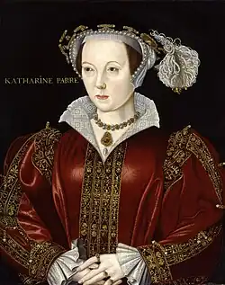 Queen Katherine Parr, c. 1545. The original is in the National Portrait Gallery, London, with a copy in the collection of Trinity College, Cambridge.[18]