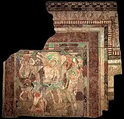 The mural, "Dance of princess Chandraprabha", with frames probably derived from Roman art of the 1st century CE.[74] Treasure Cave C (Cave 83). MIK III 8443.