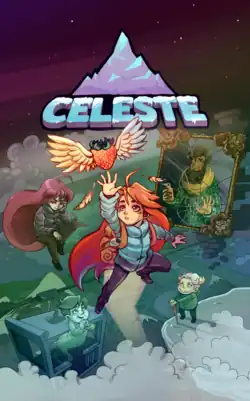 Cover artwork depicting Madeline, a girl with red hair in a blue jacket and a brown backpack, jumping with her arm extended towards a winged strawberry. Badeline, a monochrome doppelgänger of Madeline, floats behind her. Various other characters can be seen on the mountain beneath them. The game's logo shows the title covered in snow, with a stylized mountain above it.