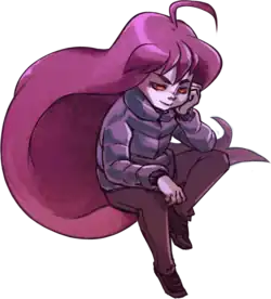 Badeline, a young woman who resembles Madeline, with long dim magenta hair and bright red sclerae, wearing a purple vest, in a sitting position, resting her head on her left hand and her left elbow on her left knee, smirking, glances diagonally up at the viewer.