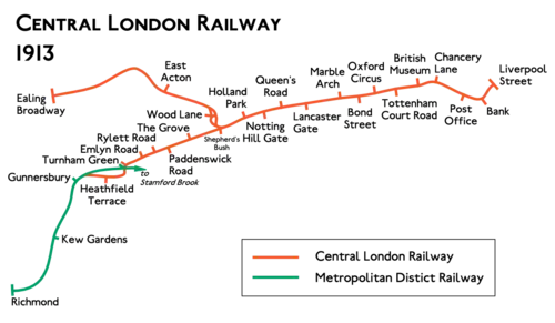 Route diagram showing the railway running from Ealing Broadway at left to Liverpool Street at right, with branch heading from Shepherd's Bush to the bottom left to connect to existing route to Richmond at Gunnersbury