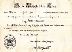 Certificate of award with 3rd Class with Crown and Swords (1918)