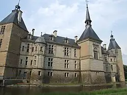 Closeup of the Neo-Renaissance facade of the castle