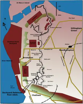 How the military presence developed after 1820, showing how the need for housing gave birth to New Brompton, and showing roads and railways.