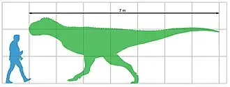 The size of Chenanisaurus, restored as a green silhouette, compared to a person