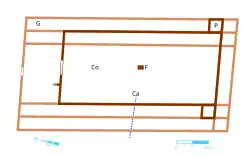 Color drawing representing the plan of an ancient building.
