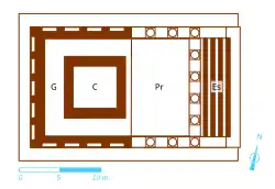 Colored drawing depicting the detailed plan of an ancient temple.