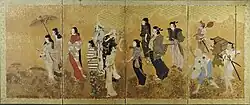 Cherry Blossom Viewing Picnic, c. 1624–1644. Edo period, Kan'ei Era. Ink, color and gold leaf on paper, Brooklyn Museum