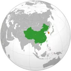 Map indicating locations of China and South Korea