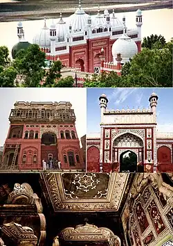 Clockwise from top: Bu Ali Qalandar Mosque besides Chenab River, exterior and interior views of Shahi Mosque, Omar Hayat Mahal