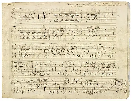 Image 2 Polonaise in A-flat major, Op. 53 (Chopin) Sheet music for the Polonaise in A-flat major, Op. 53, a solo piano piece written by Frédéric Chopin in 1842. This work is one of Chopin's most admired compositions and has long been a favorite of the classical piano repertoire. The piece, which is very difficult, requires exceptional pianistic skills and great virtuosity to be interpreted. A typical performance of the polonaise lasts seven minutes. More selected pictures
