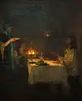 Version of Christ in the Home of Mary and Martha, modified from original, to balance flame and darkness