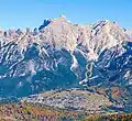Southwest aspect of Cima Belprà rises above the town of San Vito di Cadore