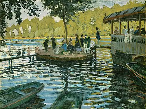 La Grenouillére 1869, Metropolitan Museum of Art, New York; a small plein-air painting created with broad strokes of intense colour.[51]