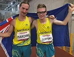 Jaryd Clifford and Sam Harding after Clifford won silver medal in Men's 1500m.